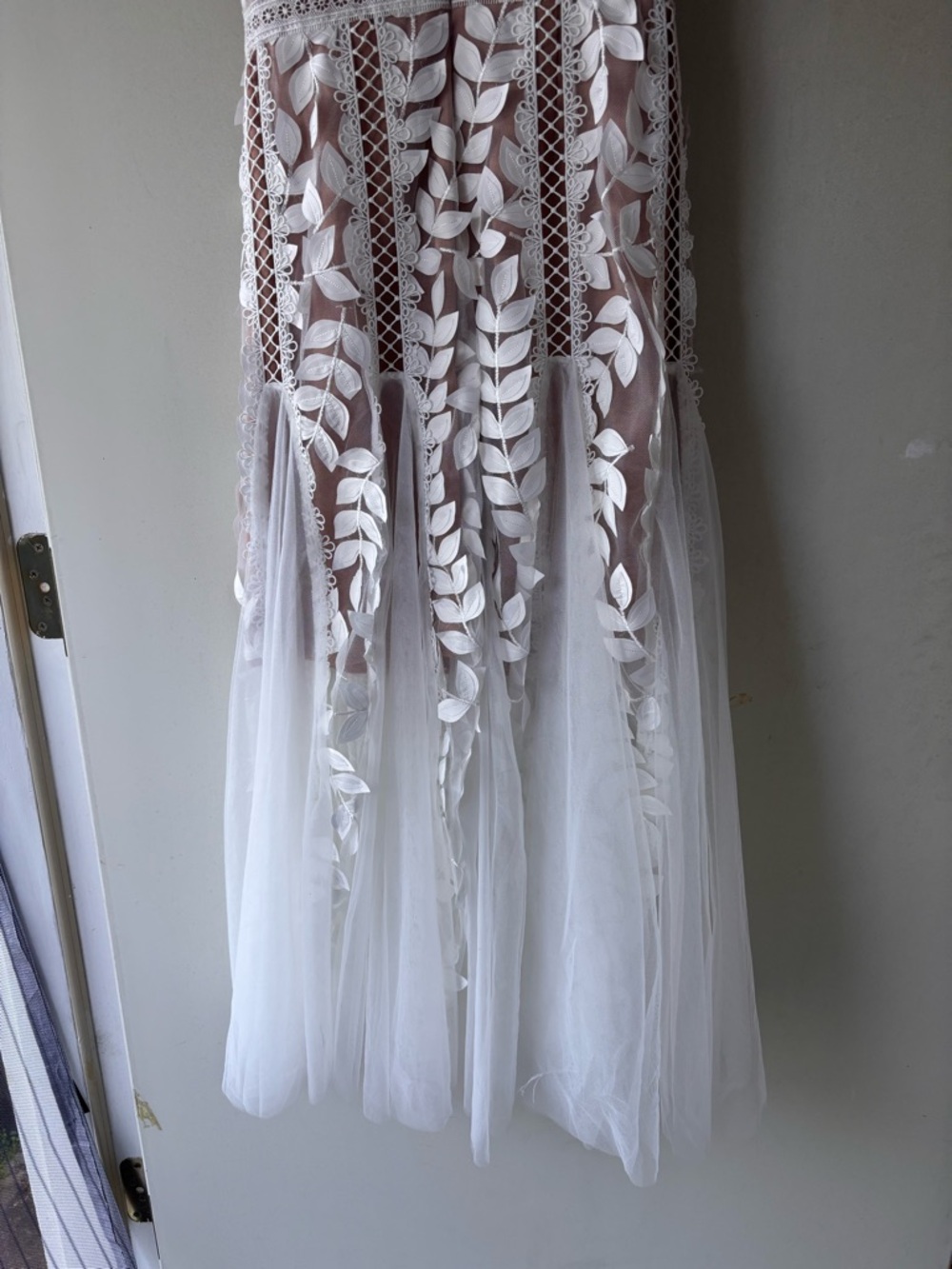 Bronx and Banco White Lace Appliqué Maxi Gown with Nude Lining - Picture 5 of 12